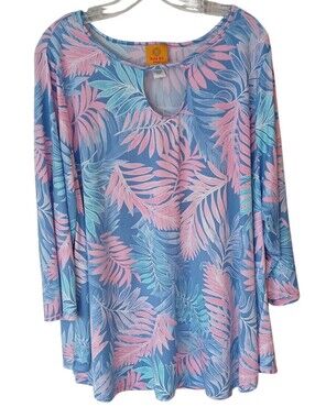 Ruby Rd. Blue And Pink Tropical Leaf Keyhole Top Size 3X